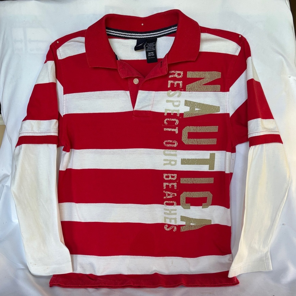 GENTLY WORN NAUTICA BOYS’ STRIPPED LONG SLEEVE POLO  - MEDIUM - 10-12